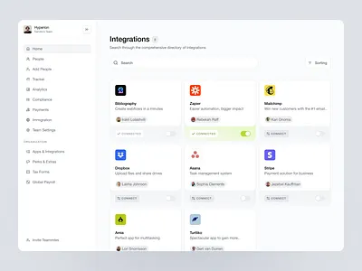 Integrations dashboard dashboard ui integration settings integrations navigation ndro preferences product design saas saas dashboard saas webapp sandro tavartkiladze settings sidebar sidenav webapp