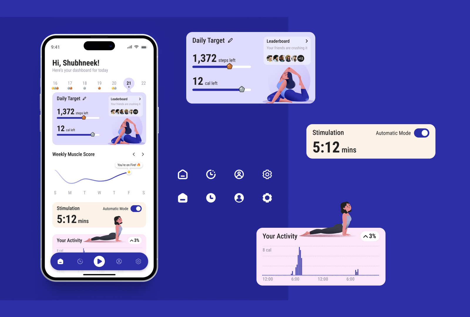 A Pair of Smart Socks activity dailytarget dashboard fitness gamification gamify graph muscle musclestrength musclestrengthgraph record smartsocks socks stimulation ui uidesign weeklyactivity