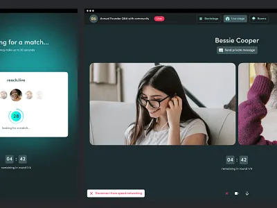 Reach.live — Professional lifestyle event hosting platform pt.4 app call camera controls countdown date dating event interface live match matching meet mic networking speed stage timer video zoom