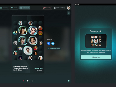 Reach.live — Professional lifestyle event hosting platform pt.8 attendees avatar avatars camera collage engagement event feature grid group image media participants people photo portrait selfie share social users