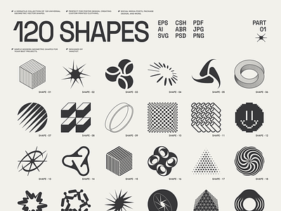 120 Abstract Geometric Shapes. Part 1 branding design geometric shapes graphic assets halftone logo logo shapes logo template minimal shapes shapes shapes set transition