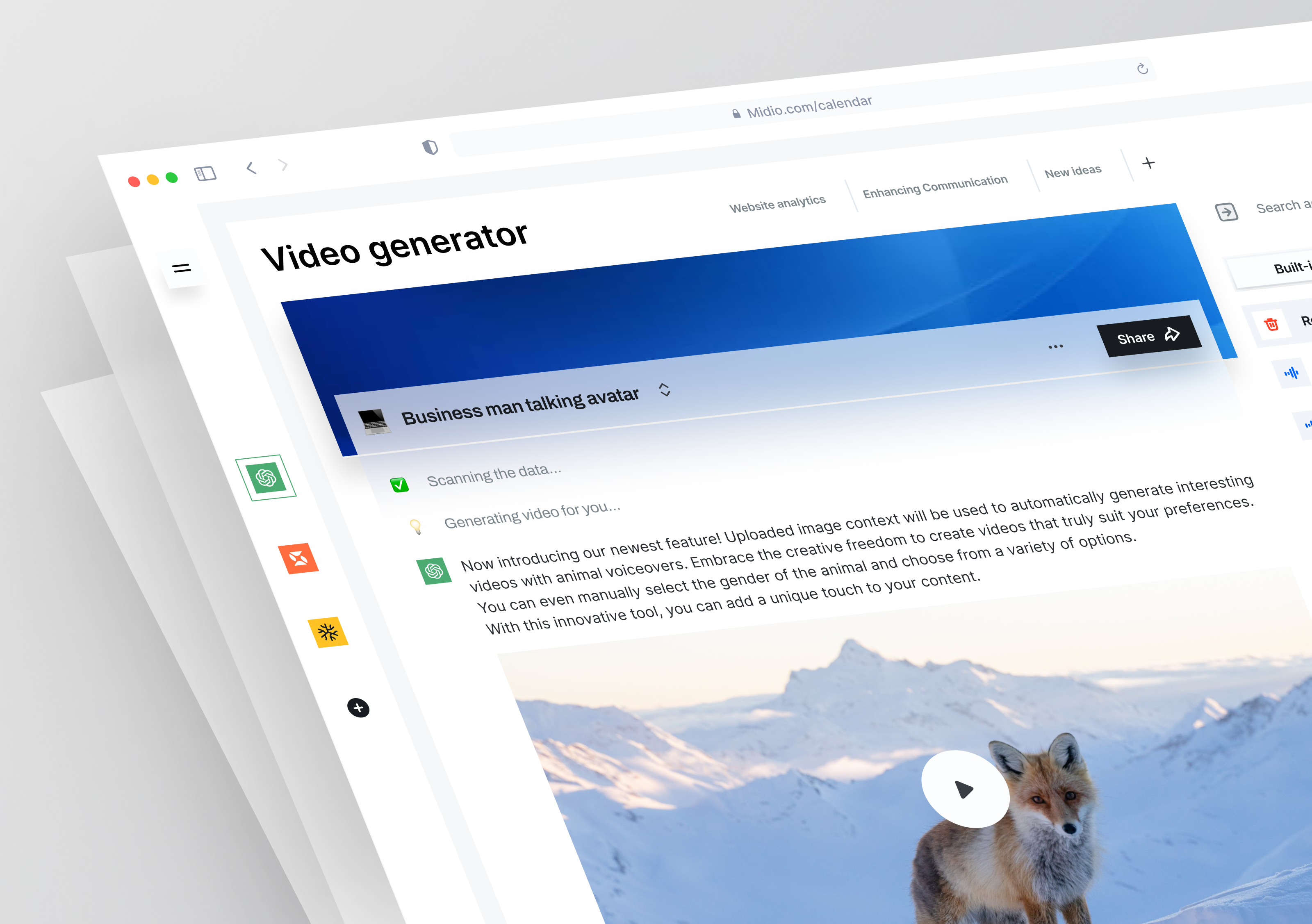 Ai Video Generator ai ai generator tool ai models ai video generator app design artificial intelligence chatgpt clean creator dashboard editing generate machine learning magic script photo generation ui ux video video generator web