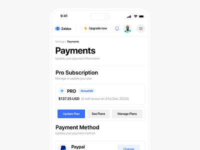 Payment Settings app banking billing dashboard finance ios manage mobile paid pay payment payment method paypal plan pro setting subscription ui user interface ux
