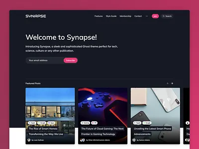 Synapse - Modern Publication Theme for Ghost blog cards customizer dark ghost magazine membership minimalist post publication tailwind template theme web wordpress