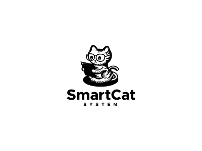 Smart Cat Illustration animal black branding cat cat hold tablet cat wear glasses design graphic design logo logo design simple smart