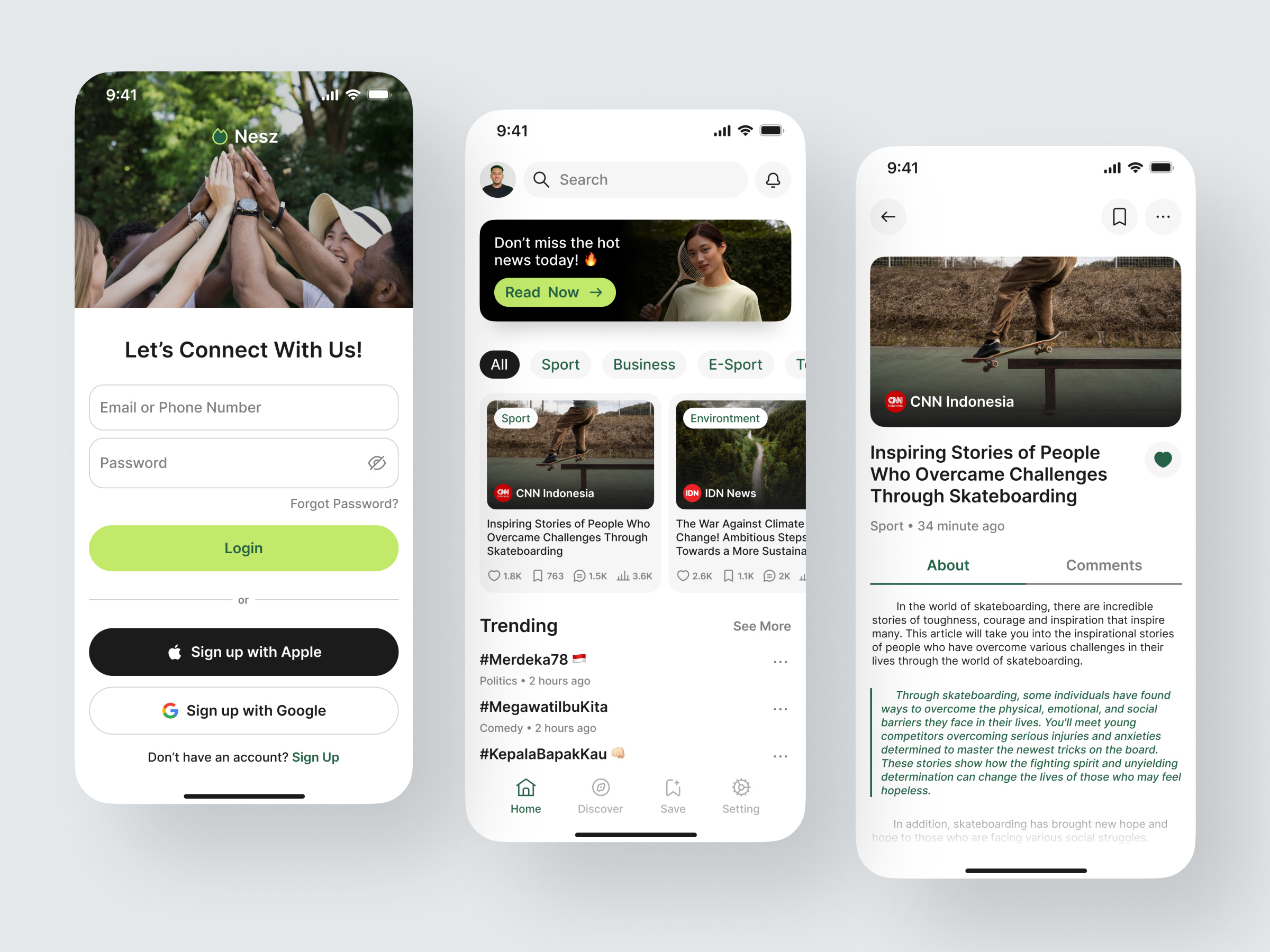 Nesz - News Mobile App app article articles blog bulletin clean feed magazine minimal neat news news app newsfeed newslatter newspaper product design read reading trending ui