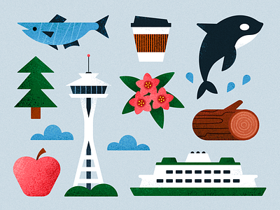 Emerald City apple coffee ferry fish flower illustration northwest orca puget sound rhododendron salmon seattle space needle tree vector washington