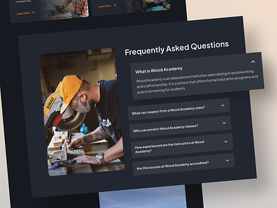 Wood Academy - FAQ Section academy app design education faq faq section furniture landing page learning school ui ui design ux wood wood academy woodworking