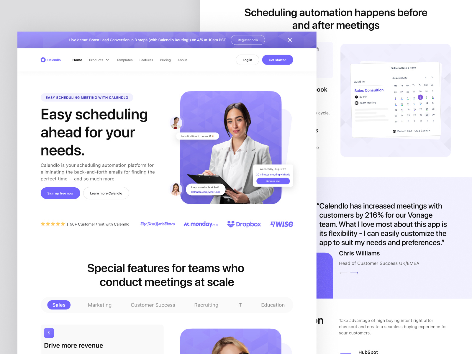Calendlo - Calendar / Booking System Landingpage appointment booking booking app booking system calendar calendar booking calendly calendly alternative component date date picker event meet meeting saas schedule soft color timetable websites widget