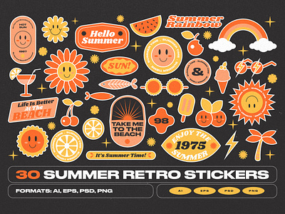 Summer Retro Stickers 80s 90s badges beach flower fruit hot icecream illustration print raibow retro sticker stickers summer sun sunset typography vintage warm