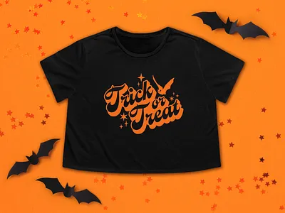 Trick or Treat | Celestial Bat Tee apparel designer bat illustration bat t shirt black bat tee brand illustrator celestial tee goth bat shirt gothic clothing graphic tee groovy type halloween clothing halloween night halloween shirt night sky illustration orange bat shirt paper bats retro style trick or treat night vintage style vintage typography