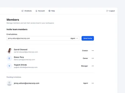 Invite Team Members admin button chatbot dashboard form invitation invite member list members menu permissions role team ui ui design ux ux design web web app web design