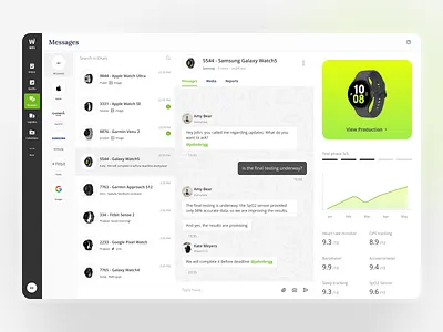 Dashboard - Smartwatch Manufacturing and Production chat dashboard ecommerce inventory management logistics manufacturing order management order tracking production tracking quality smartwatch smartwatch manufacturing testing ui ux wearable