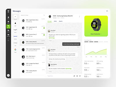 Dashboard - Smartwatch Manufacturing and Production chat dashboard ecommerce inventory management logistics manufacturing order management order tracking production tracking quality smartwatch smartwatch manufacturing testing ui ux wearable