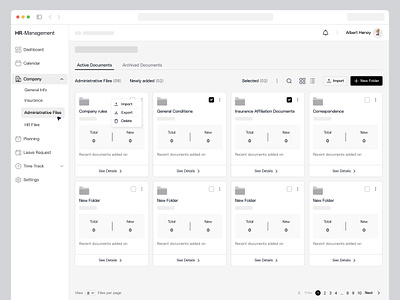 Administrative Files - Wireframe 2023 clean dashboard file overview folder grid view hr management nav saas sidebar ui upload file ux web design wireframe flow