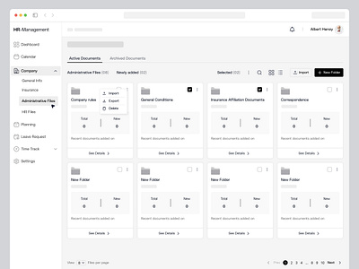 Administrative Files - Wireframe 2023 clean dashboard file overview folder grid view hr management nav saas sidebar ui upload file ux web design wireframe flow