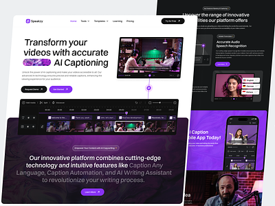 Speakzy - AI Caption Landing Page adobe firefly ai ai caption ai video generator artificial intelligence audio generator auto caption caption generator gpt 3 landing page machine learning mockup podcast product saas speech recognition subtitle video auomation video editor
