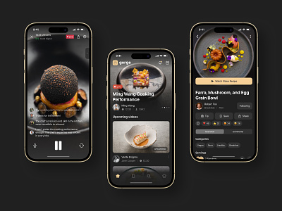 Gorge - Food & Entertainment App app application cooking dark design dish food ios live luxury minimal mobile modern player recipe streaming ui ux video web