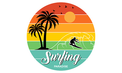 Surfing Paradise T shirt Design design illustration ocean paradise sea summer sunset surfing t shirt t shirt design tree typography vector