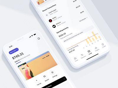 Finance Mobile App — Cards and Spending activity app banking cards charts clean daily ui design finance finance app history ios minimal payment transcation ui ux wallet