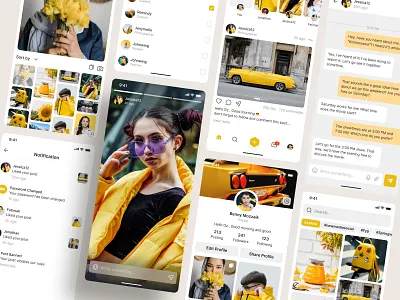 Postinger - Media Social App app chat clean theme colorful community design image social media instagram app post social social media app socmed stories ui yellow