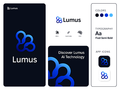 logo design for lumus ai 2d ai app icon blue brain branding clean colors flat logo logo design logomark lumus minimal minimalist neural node tech typography