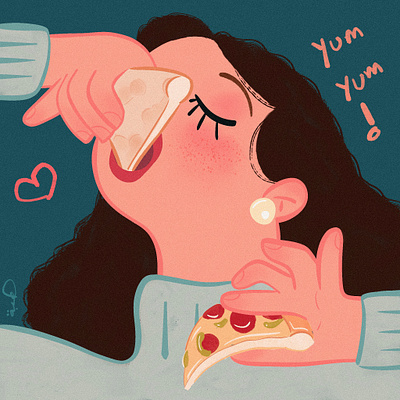 Pizza time delicious design eating food girl hand hands hungry illustration pizza woman yummy