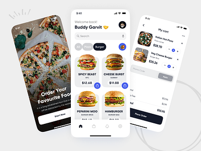 Food Delivery - Mobile App UI 999watt app app design bag blue burger button cart delivery design food home screen image money online order pizza search ui ux