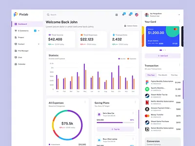 Pixlab - Finance Dashboard auto layout contact crm dashboard dashboard kit design for sale e commerce figma finance modern multipurpose project project management ui ui design ui kit web web design website website design