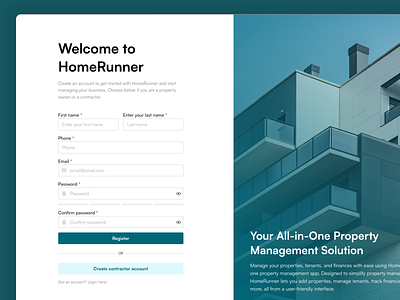 HomeRunner - Register Page app dashboard design register ui ux web design