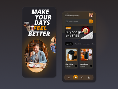 Coffee Shop Mobile App app apps brown chocolate coffee coffee shop coffee ui dark theme design food app ios mobile app design order food order managment product design splash screen ui uiux