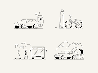⚡️ bike black branding bus car charging city delivery electric family illustration mobility outlines people scooter simple sustainable transportation ui vacations