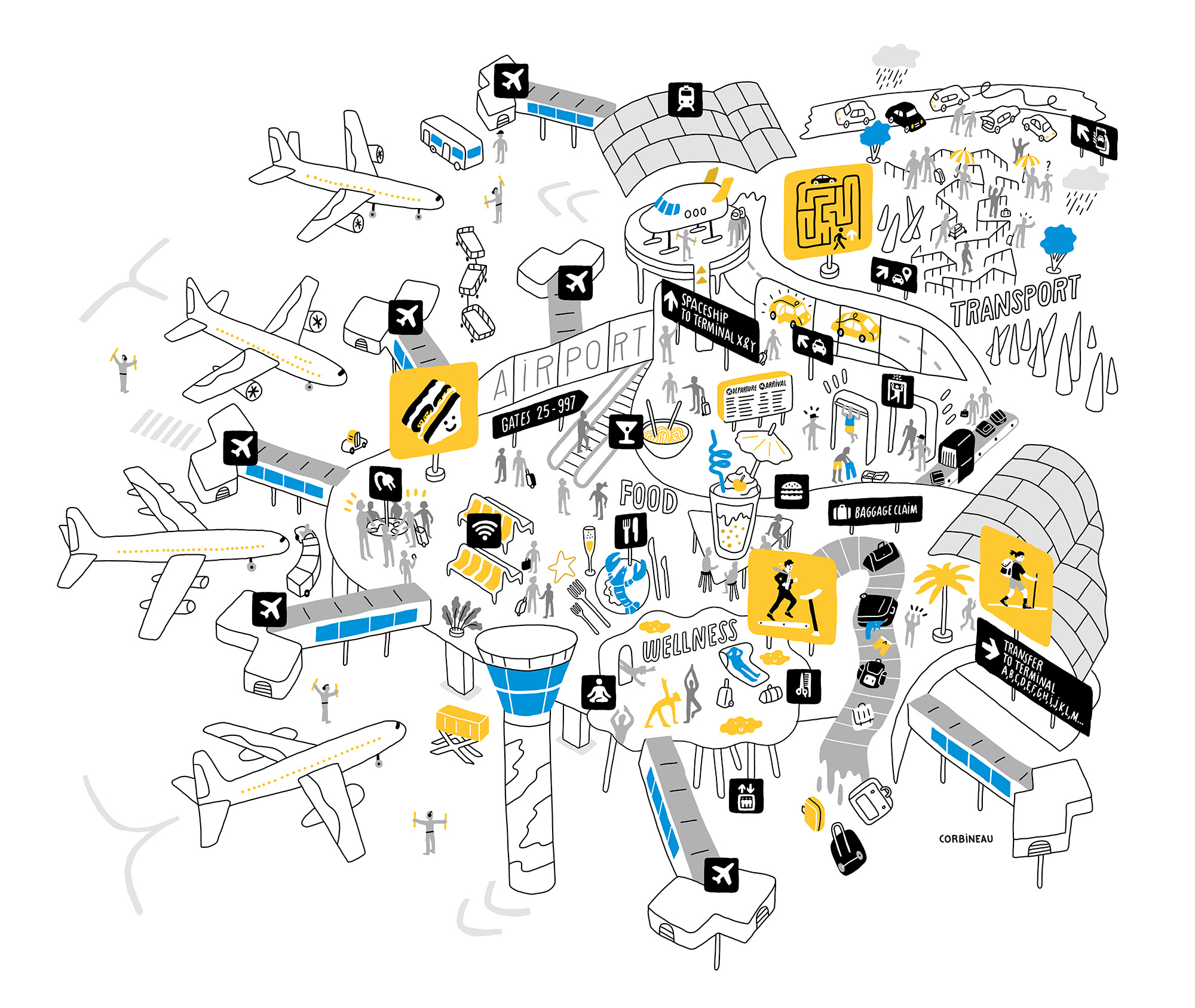 Airport airport antoine corbineau digital drawing editorial folioart illustration line map travel