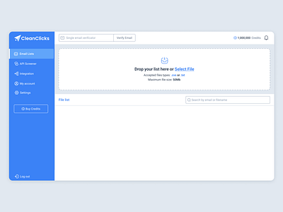 Clean Clicks - Email Marketing Web App application blue design draganddrop email file scanner select file ui ux validation verificator web webapp