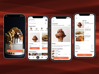 Candy Delivery Mobile App app application cart checkout chocolate colours design dessert figma get started illustration landing page mobile mobile app mockup navigation order product details ui ux