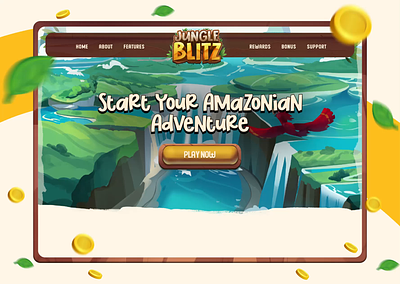 Illustrated Casino Game Homepage Design adventure amazon casino dice forest fortune wheel gambling homepage jungle landing page mystery box palm trees parrot rainforest slot game slots tokens toucan waterfall wheel of fortune