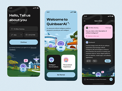 Quinbear AI App Design with Illustrations ai app artificial intelligence bima clean design graphic design illustration layout minimalist mobile network simple ui ui design vector website