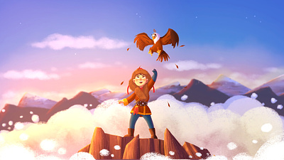 Eagle Hunter boy character design clouds eagle hunter illustration mongolian mountains sky