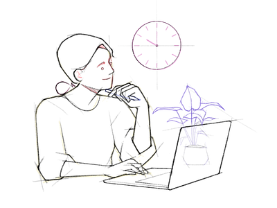 working girl / sketches black and white cartoon character design comic girl homework illustration line minimal monochrome plant procreate product design simple sketches ui ux web design work working