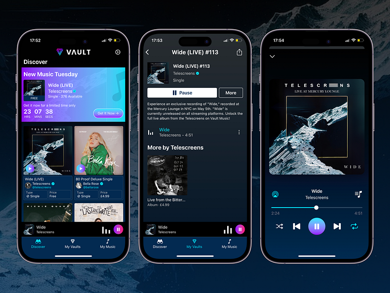 Vault Music - New Music Right Now album app app design clean design ep interface listen live music music app music player new music new music tuesday simple single ui ui design ux ux design