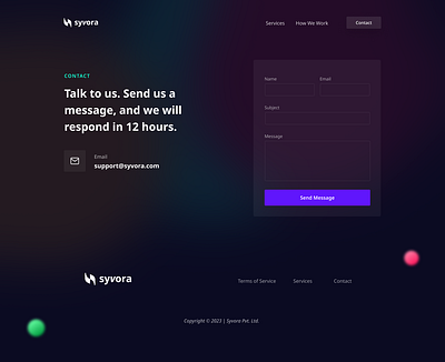 Syvora V2 Web Site Design: Contact Us Page Form UI branding contact us design designcommunity designinspo graphic design illustration innovativedesign logo ui uiux design uxui design vector web design