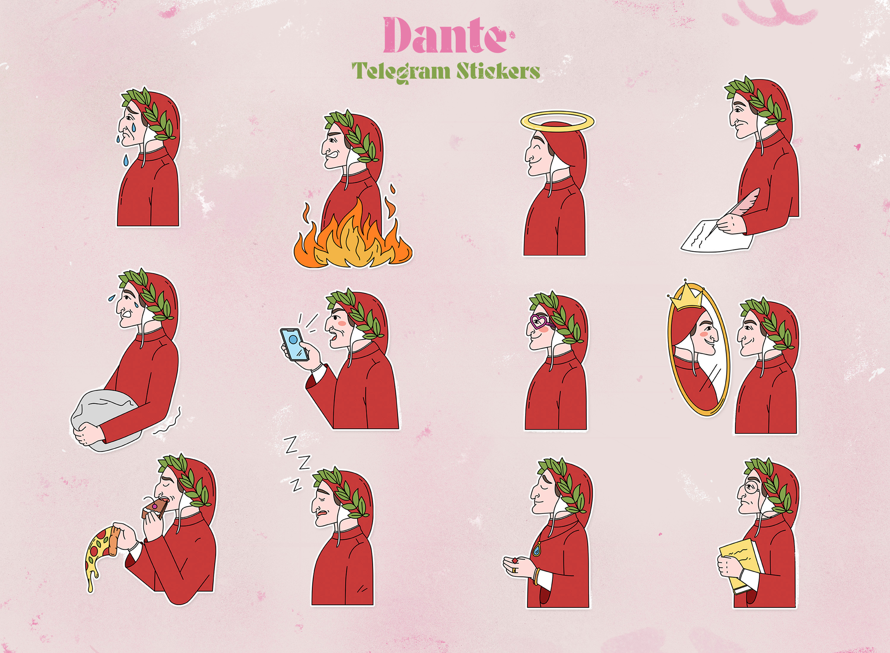 Dante Stickers alighieri app character colorful cute dante dead design emotions hell humor messenger pack set sticker stickers telegram vector