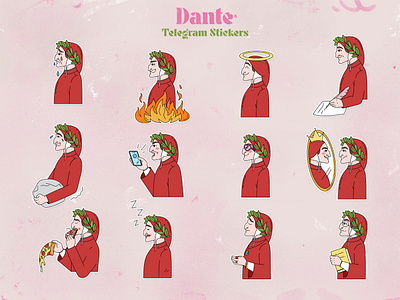 Dante Stickers alighieri app character colorful cute dante dead design emotions hell humor messenger pack set sticker stickers telegram vector