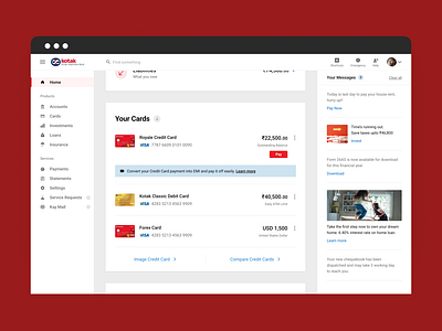 Kotak Net banking - Dashboard experience app bank banking card credit dashboard design home minimal money portal screen ui ux website