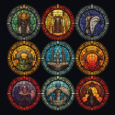 Fantasy Role Playing or Video Game Icons, Stained Glass Style character dark fantasy graphic design icons illustration role playing video game