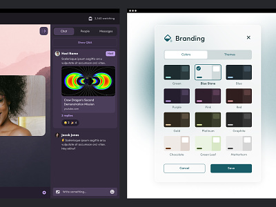 Reach.live — Professional lifestyle event hosting platform pt.12 app branding camera chat color colors conversation light link message mode preview purple select selection share sidebar themes theming web