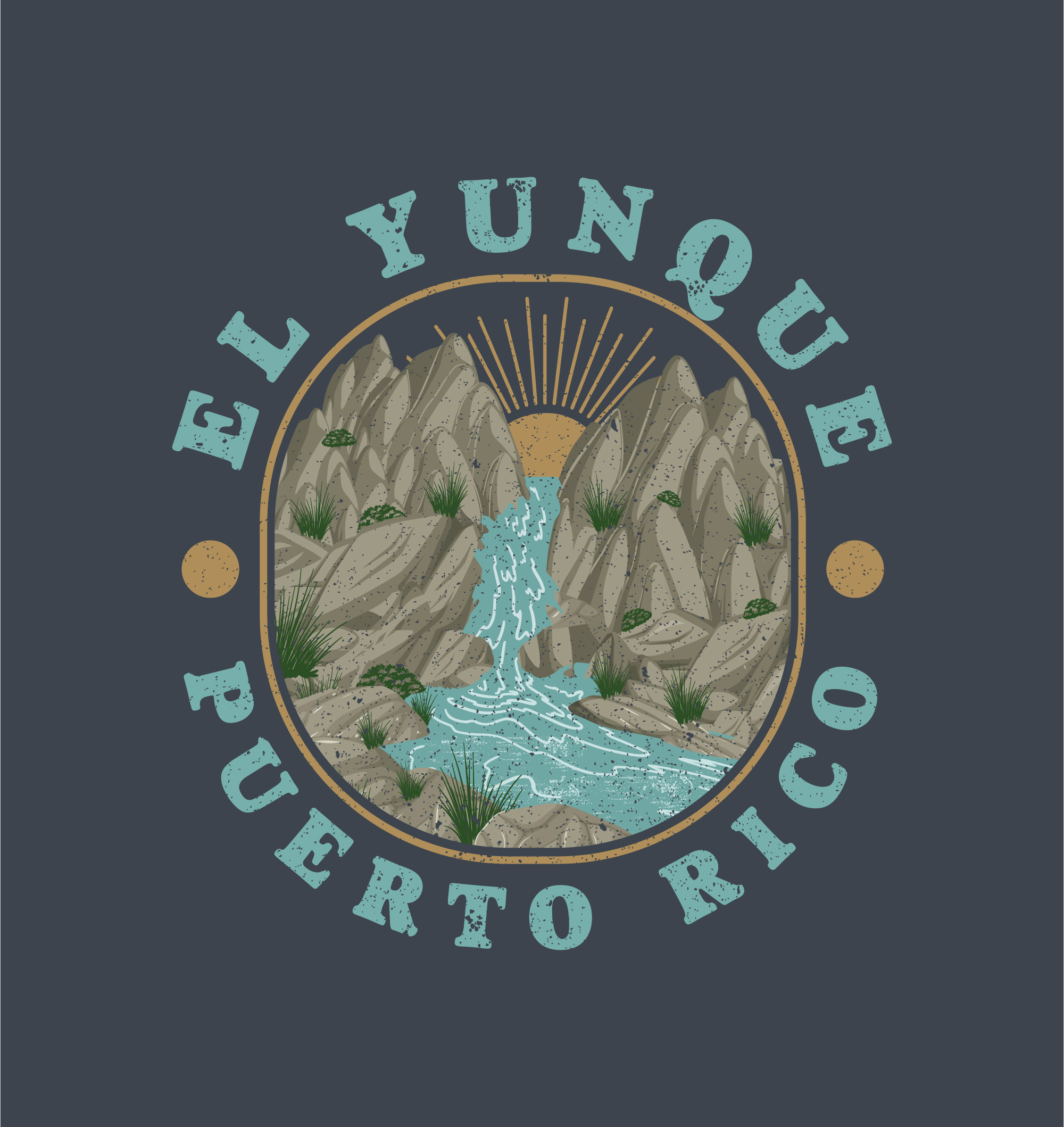 El Yunque Waterfall T-shirt Design adventure el yunque forest illustration jungle. nature outdoors retro vintage t shirt teeshirt vacation camping waterfall waterfall deign wildlife