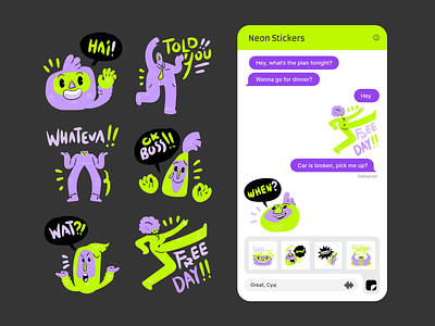Neon Stickers character chat conversation design emotes flat icon icons illustration message messenger mobile neon sticker sticker pack talk ui vector whatsapp