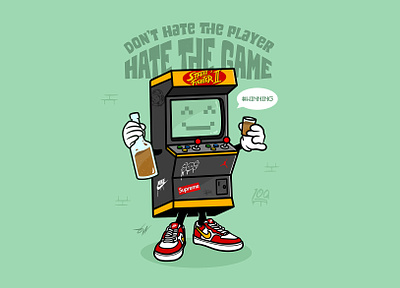Don't hate the player ;) airforce1 arcade booze characterart design digitalart gamer gaming graphic design graphic designer happy illustration illustrator nike player streetfighter vector