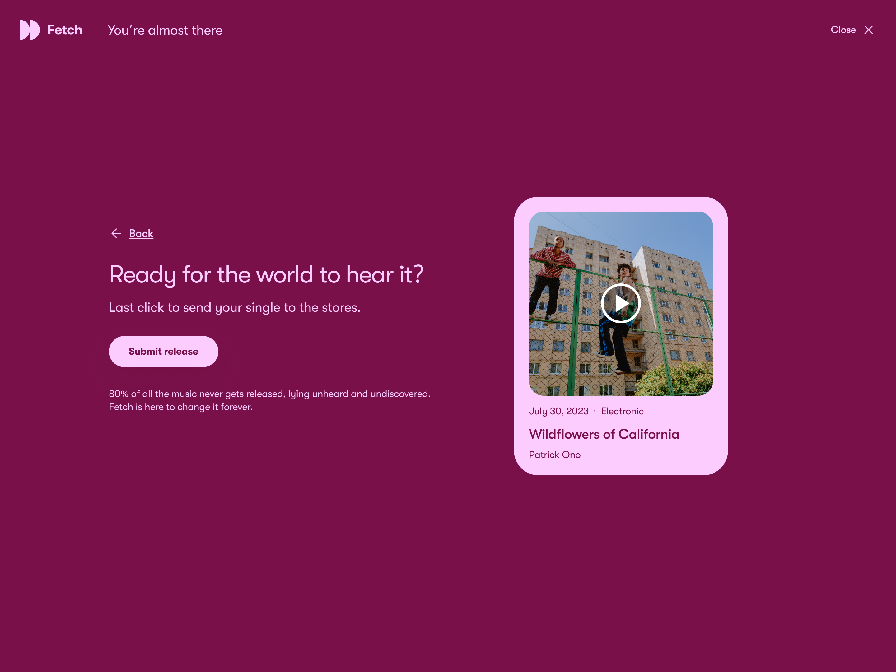 Fetch - Build Music Release audio form landing page music music distribution music label music library music platform music release music website step by step text box upload wizard